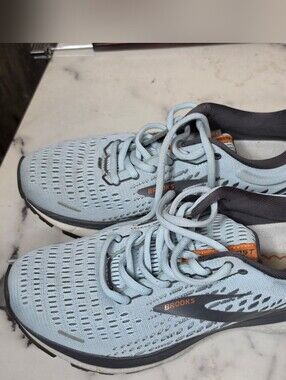 Brooks Ghost 13 Light Blue and Gray Running Sneakers with Orange Accents